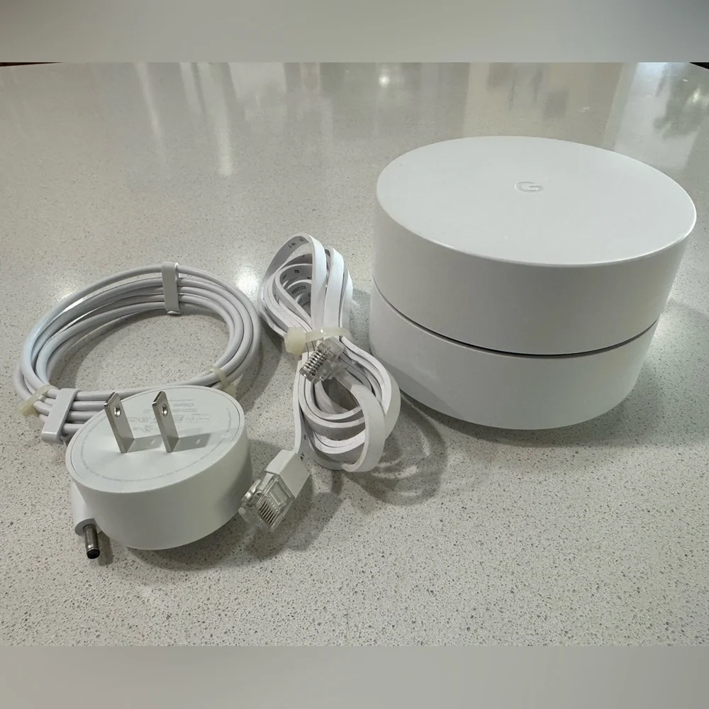 Google White Mesh WiFi Router Model GJ2CQ AC1200 with Accessories.